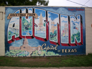 Image of the famous Greeting from Austin mural. Image is found on the Crosswind Media and Public Relations contact us page